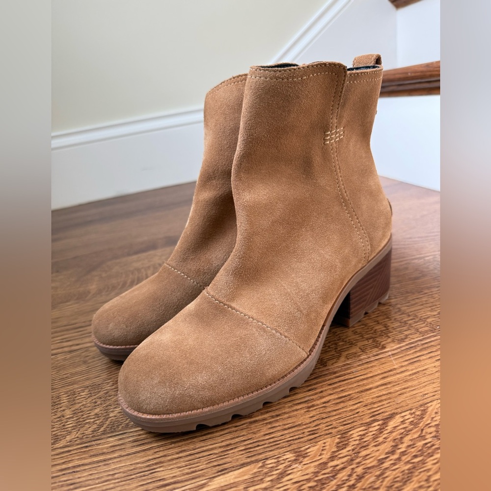 SOREL Suede Leather Cate Booties Ankle Boots Heeled Classic Waterproof Camel 7.5